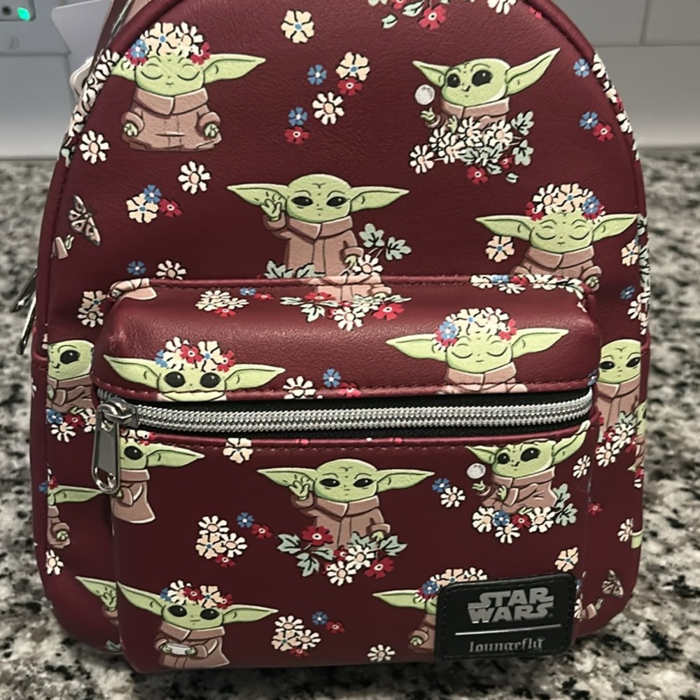 Hot Topic Burgundy Backpack with Baby Yoda Print
